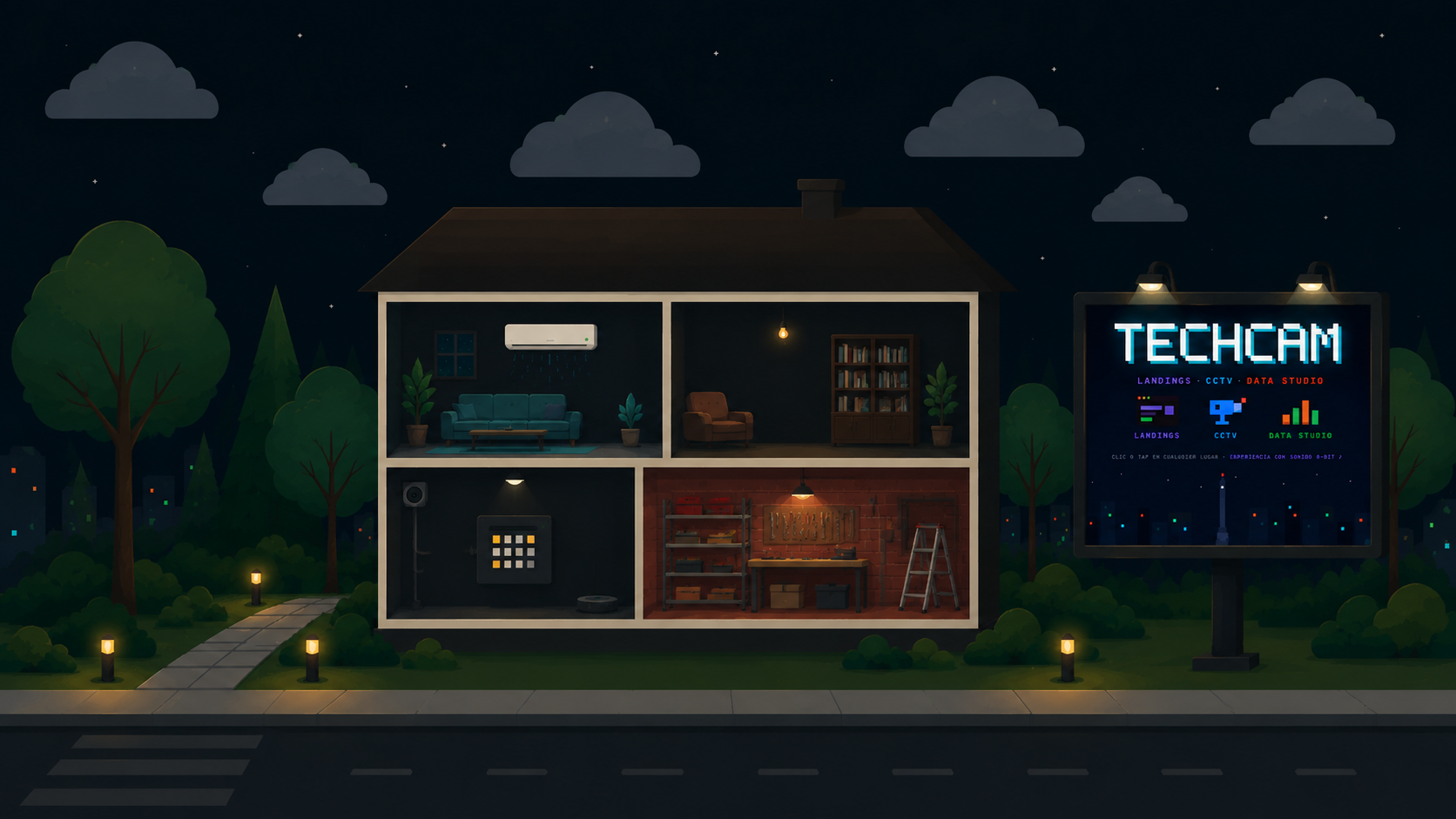 Casa TechCam en corte, de noche: living con aire acondicionado, sala iluminada, tablero eléctrico y taller en obra, junto al cartel TECHCAM